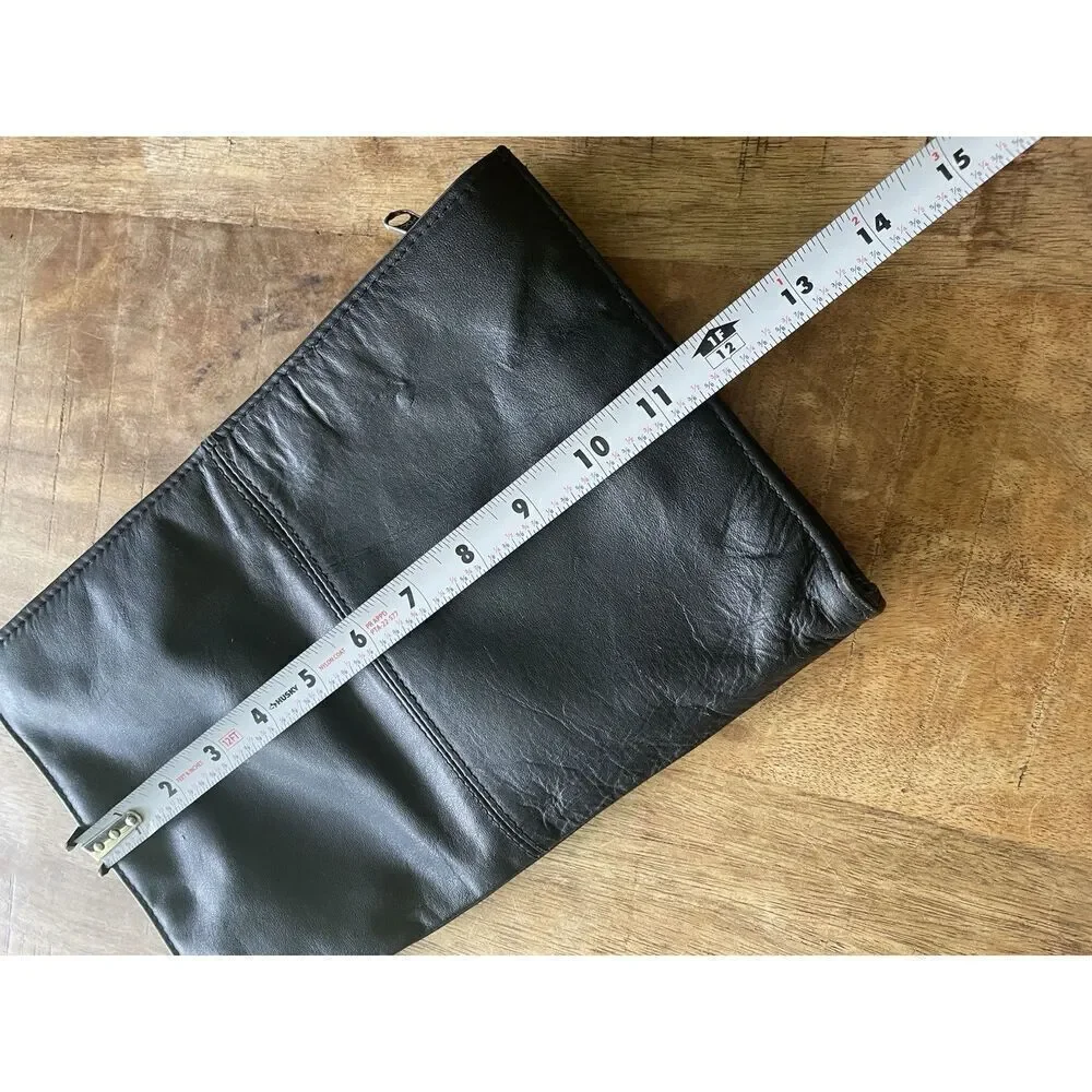 Vintage Black Genuine Leather Chevron Foldover Clutch Bag 13.5” Made in China